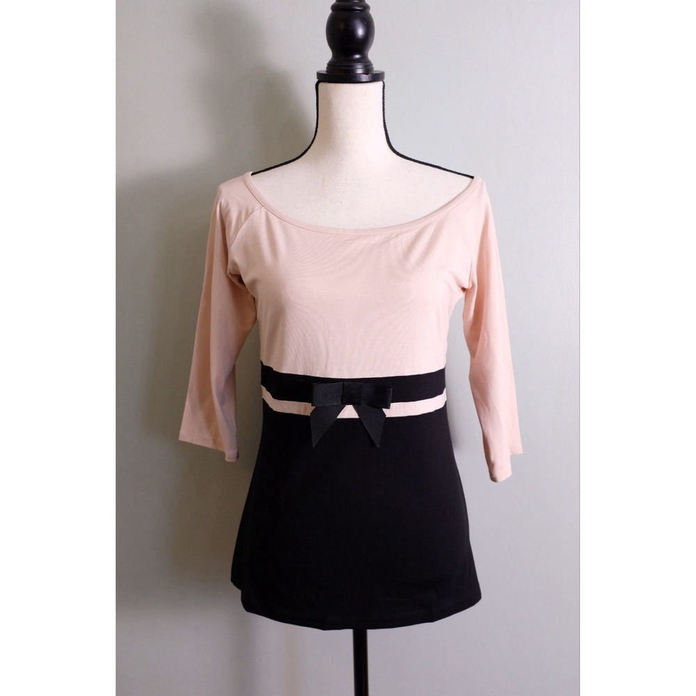 Luisa Spagnoli Pink Black Bow Top Small Balletcore Romantic Mod 3/4 Sleeve